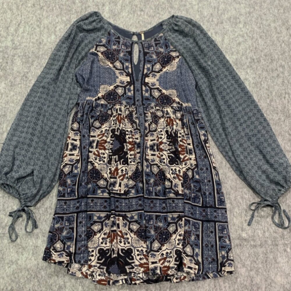 Free People Oksana Print Mini Dress Sz 0 Marine Blue Boho Peasant Puff Sleeve